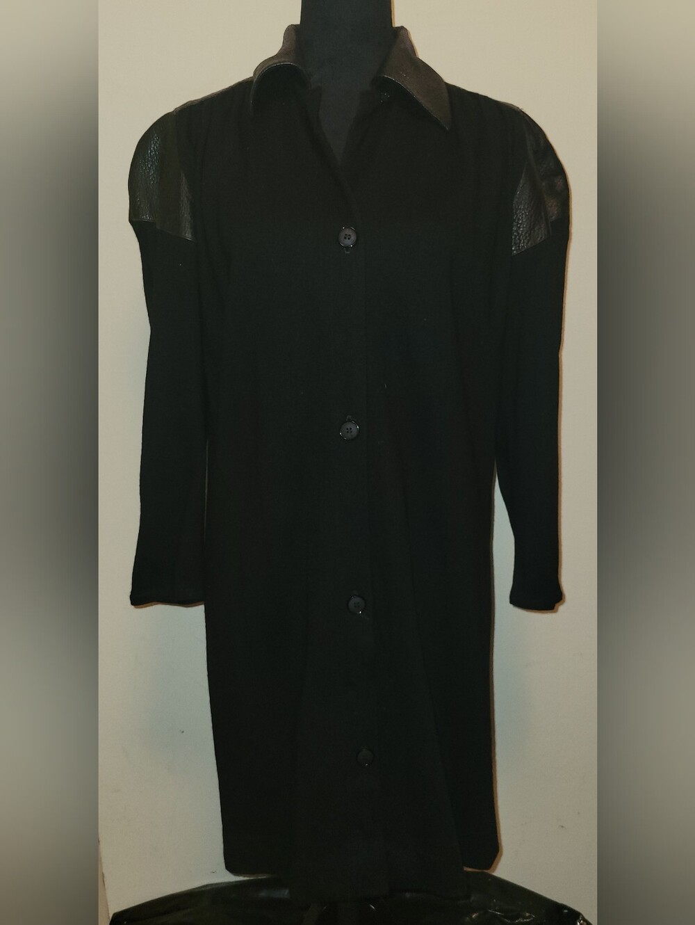 Neiman Marcus Black Long-Sleeve Button-Up Dress with Textured Shoulder Panels